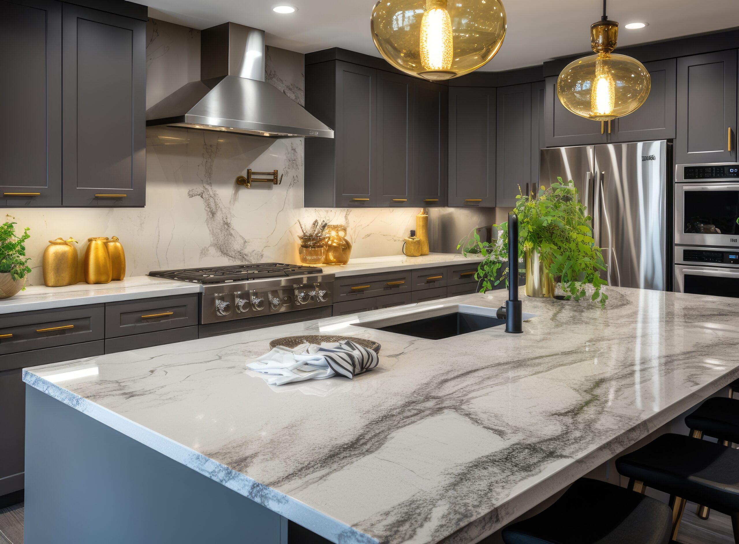 A luxurious kitchen with a large island, gold faucet and sputnik chandelier, stainless steel appliances, and white marble countertops
